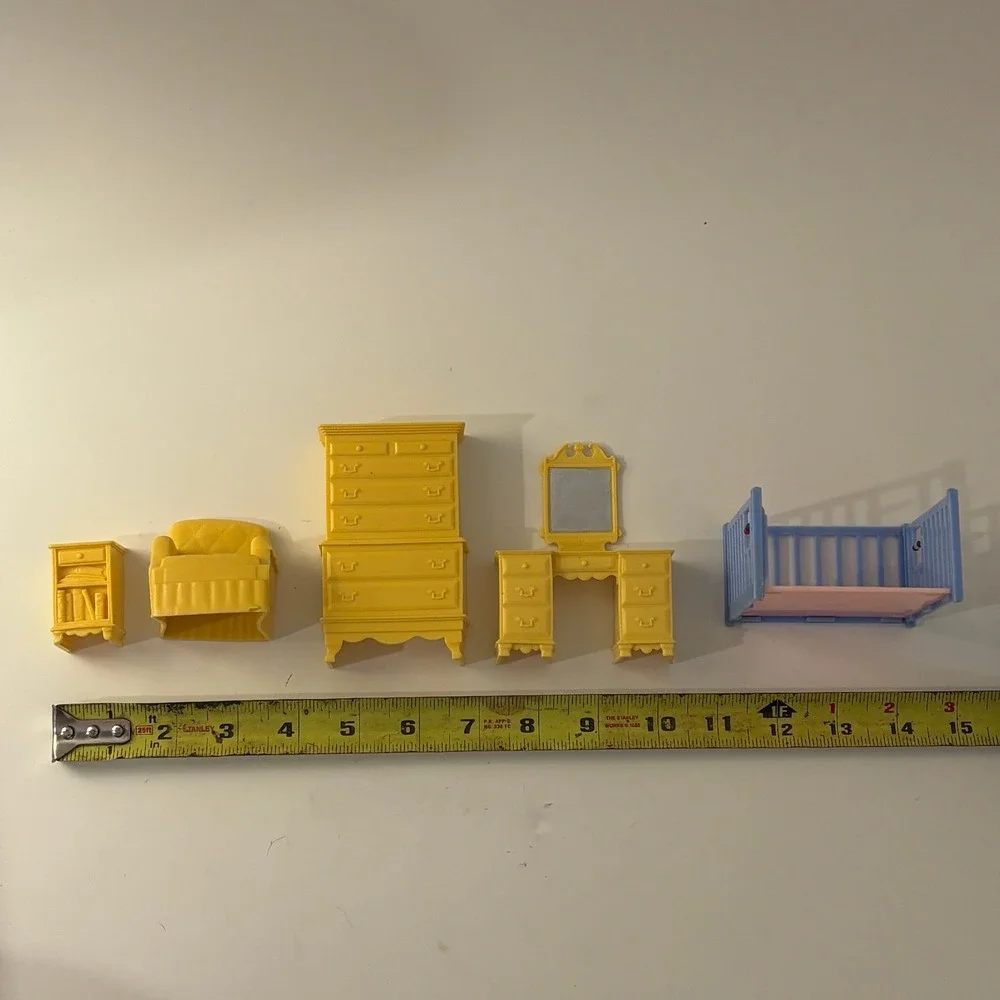 VTG Marx Dollhouse Yellow Bedroom Nursery Furniture Lot Highboy Crib 1:16 1950s